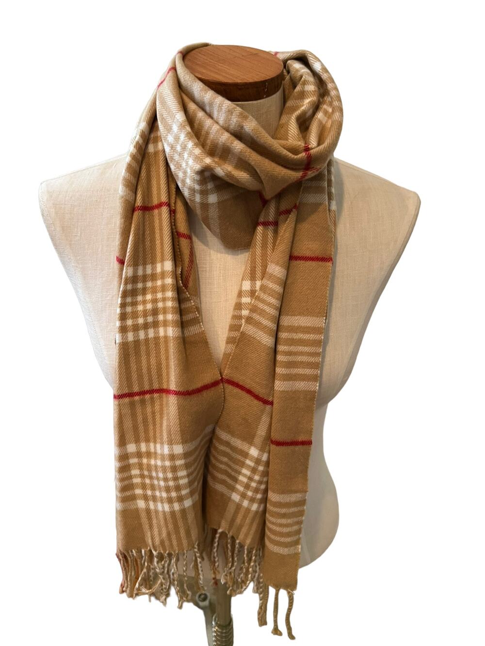 Fringed Cashmere Scarf Light Tan Plaid Print